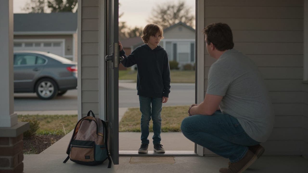 A parent crouches at eye level on the front porch steps beside an overnight backpack, gently reassuring a hesitant school-age child who lingers in the open doorway at a custody exchange.