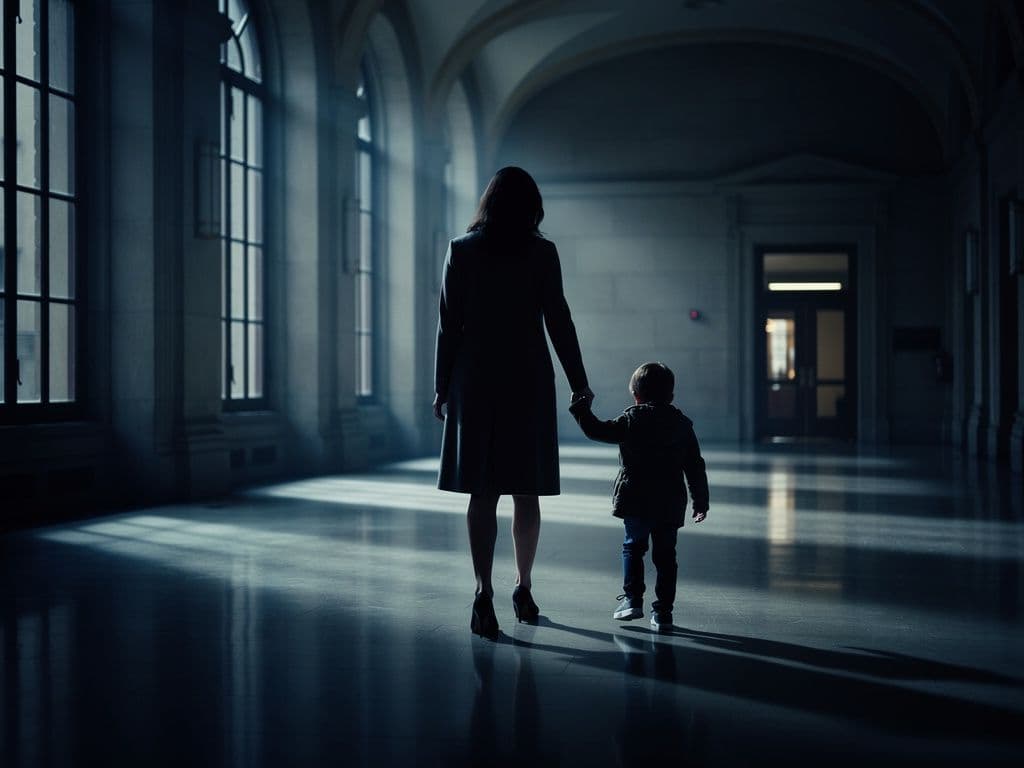 A mother and her young child walk hand in hand down a quiet courthouse corridor at dusk.