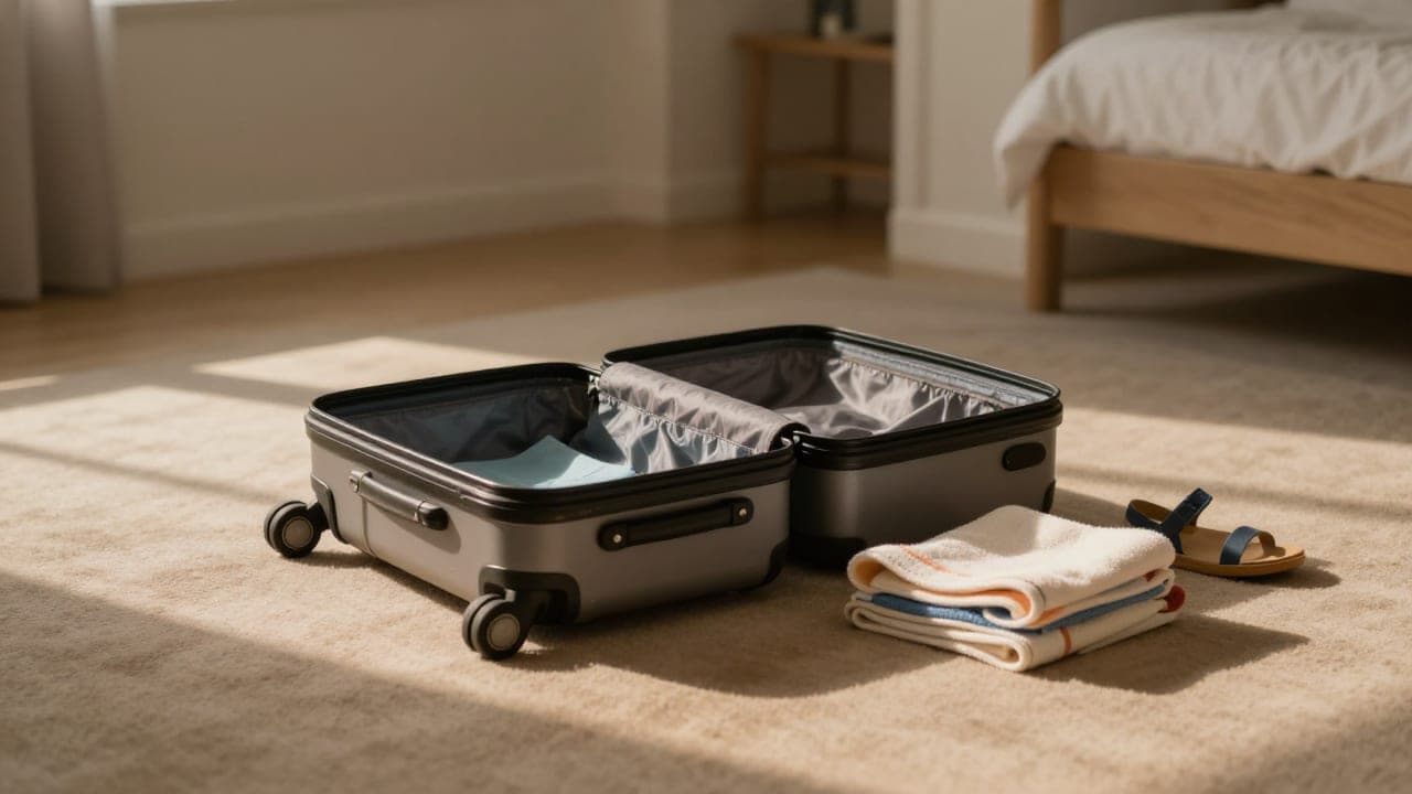 A small open suitcase sitting nearly empty on a bedroom carpet beside a stack of folded towels and a child's sandal, lit by bands of late-afternoon sunlight.