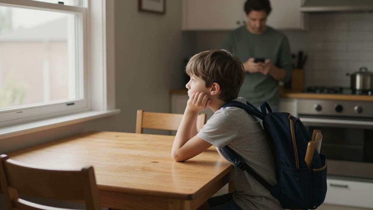 A grade-school boy still wearing his backpack sits at a bare kitchen table looking out the window, while a parent stands in the background looking down at a phone.
