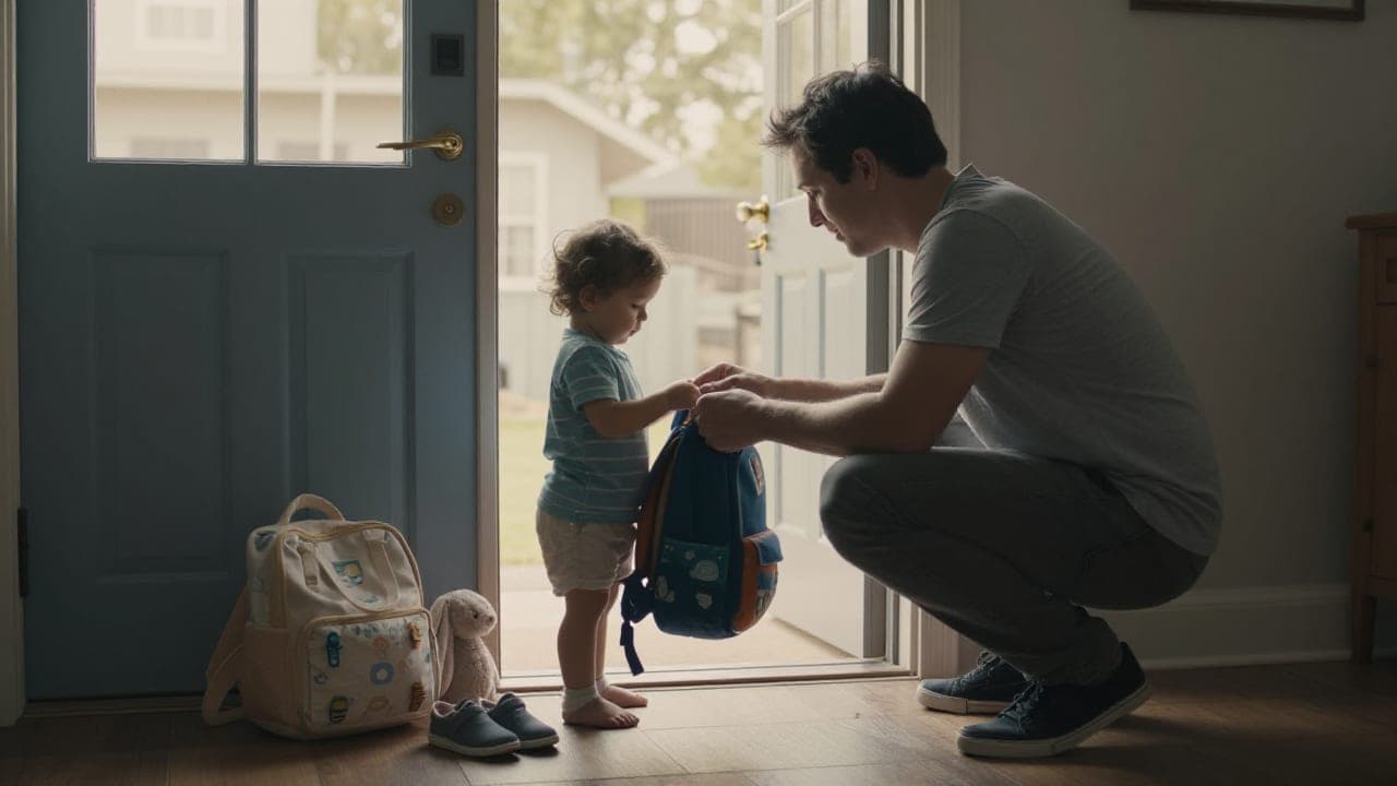 A parent kneels at a toddler's eye level near a front door, handing over a small backpack and a stuffed animal before an exchange.