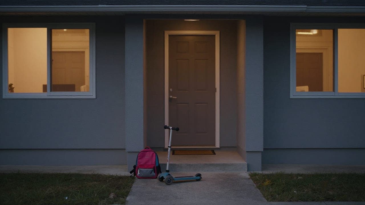 A child's scooter and a small backpack left on the front steps of a suburban house at dusk, with warm light showing in the windows and the doorway empty.