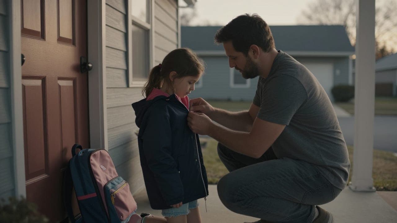 A father kneels to zip his young daughter's jacket on a front porch in the early morning before school.