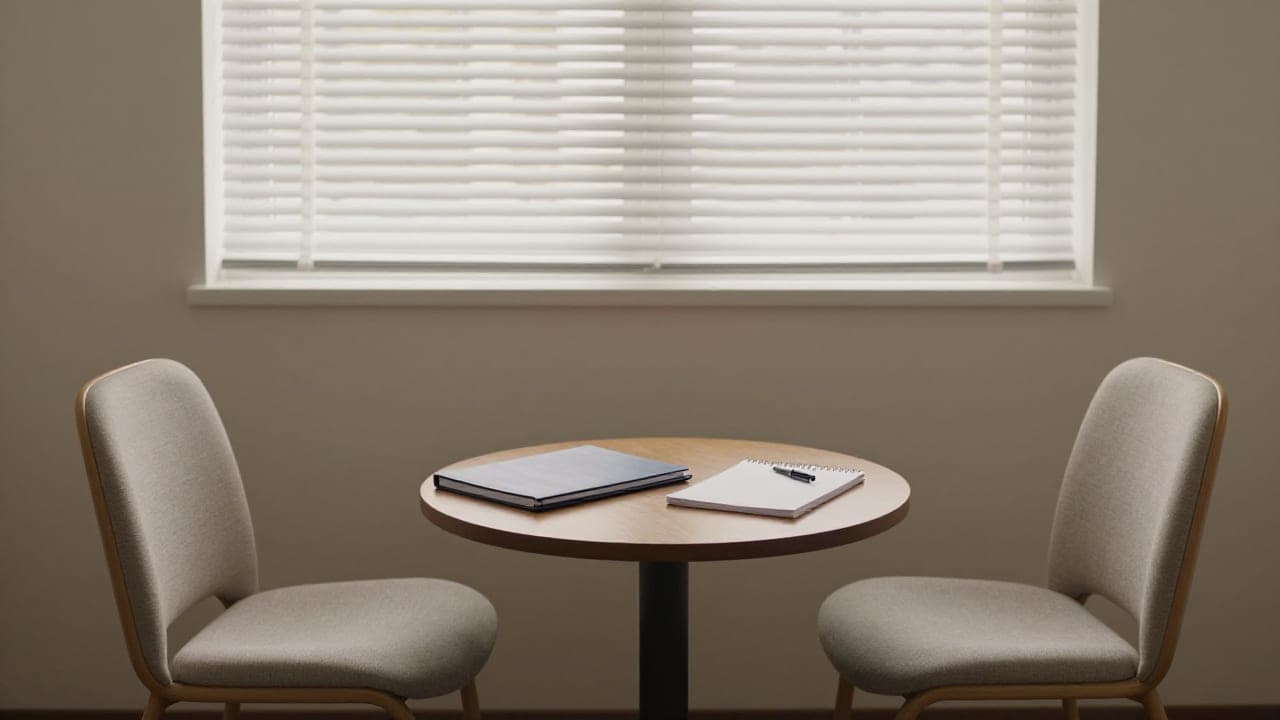 Two empty chairs face each other across a small round table in a quiet, plainly furnished office, with a folder and a notepad set out and daylight coming through a window blind.