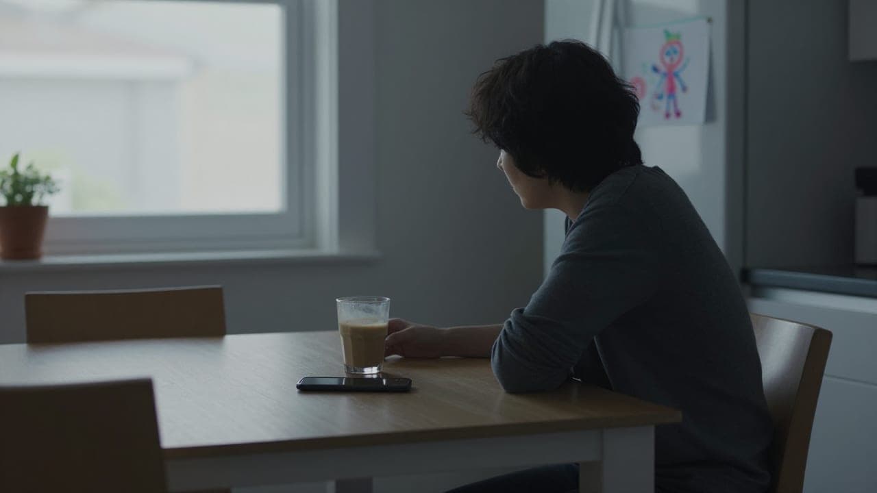 A parent sitting alone at a dim kitchen table in evening light, looking away from a phone lying face down beside an untouched cup of coffee, with two empty chairs opposite and a child's crayon drawing taped to the refrigerator behind them.