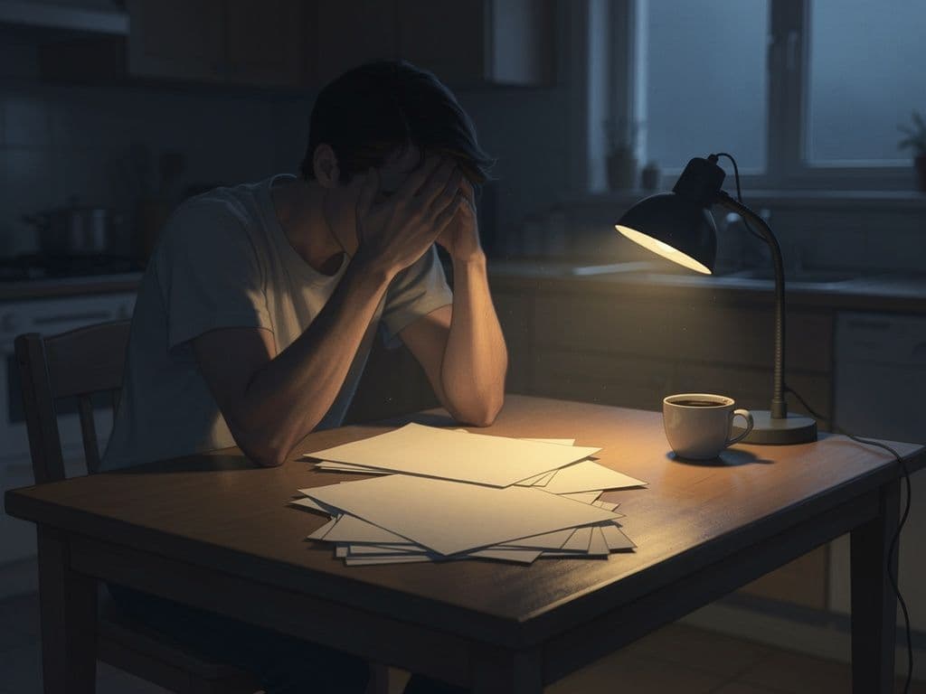 A parent sits alone at a kitchen table at night reading a stack of court papers under a single lamp.