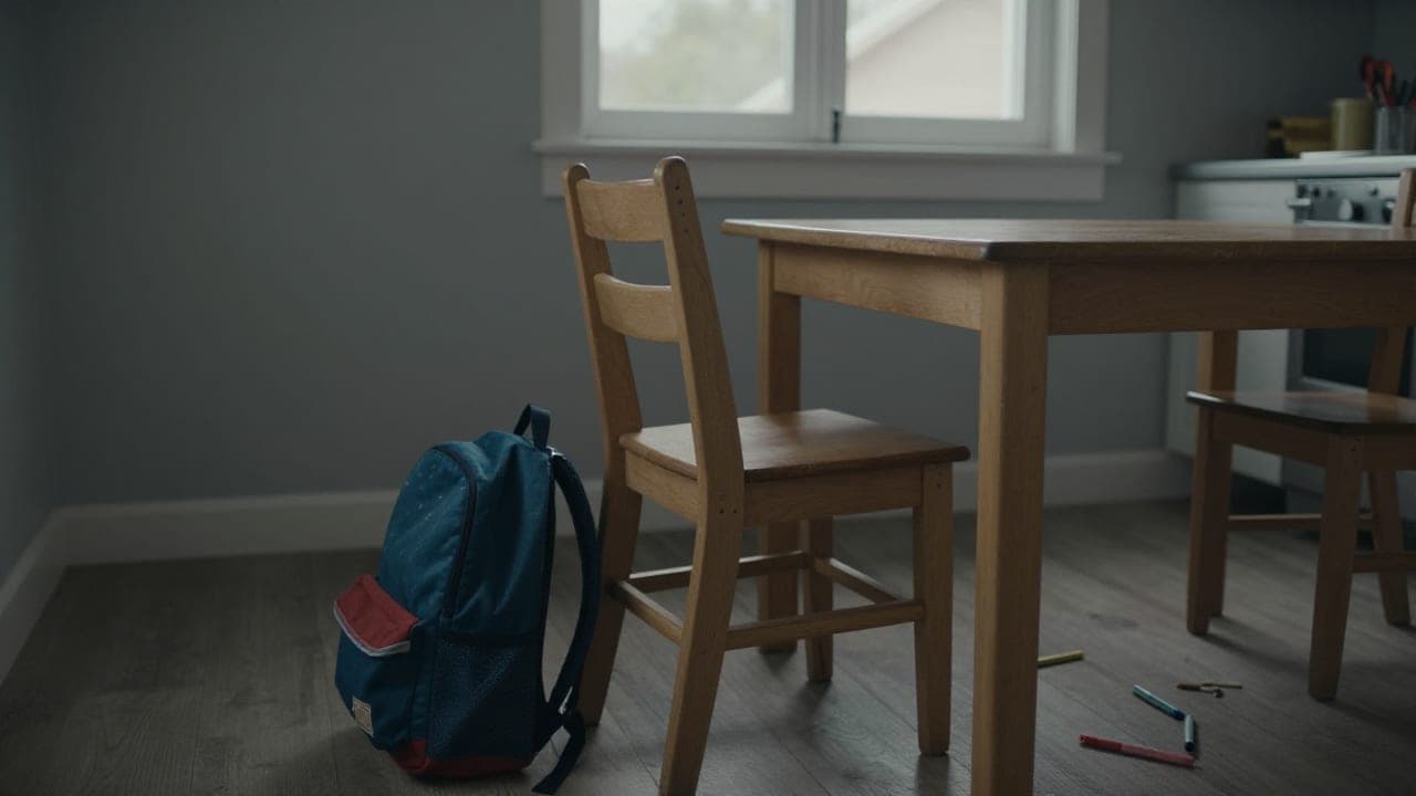 An empty wooden chair beside a child's small backpack and scattered crayons on a living room floor, lit by grey morning light through a window.