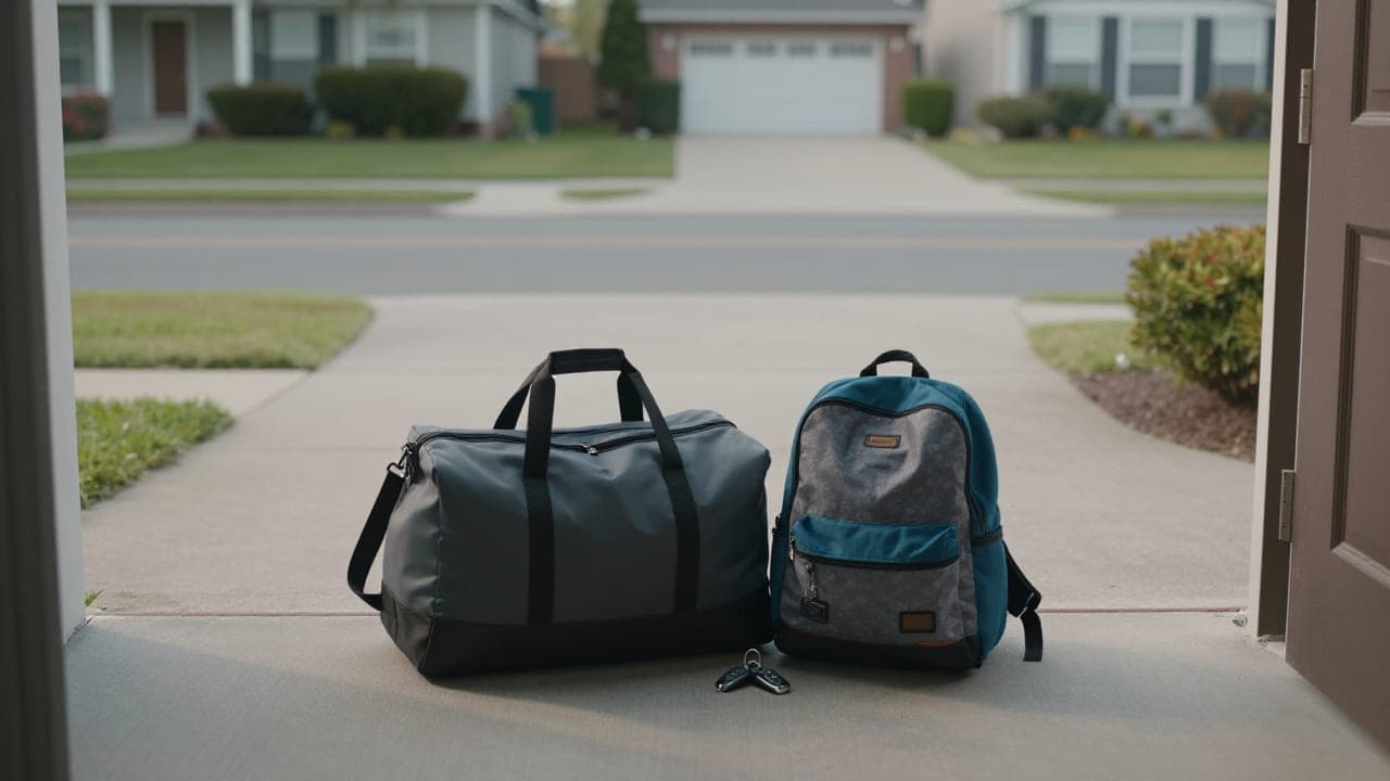 A small packed duffel bag and a child-sized backpack sitting on a doorstep beside a set of car keys in early morning light, with an empty driveway beyond.