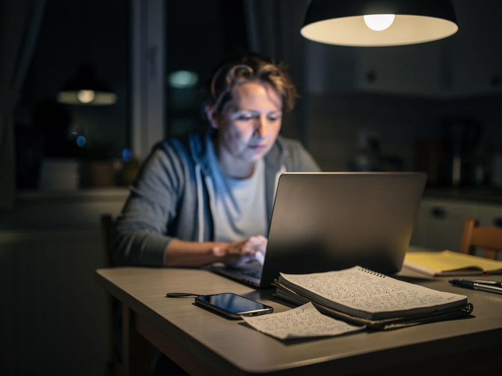 A parent works late at a kitchen table under a single pendant lamp, an open laptop and a smartphone face-up beside a spiral notebook of handwritten notes.