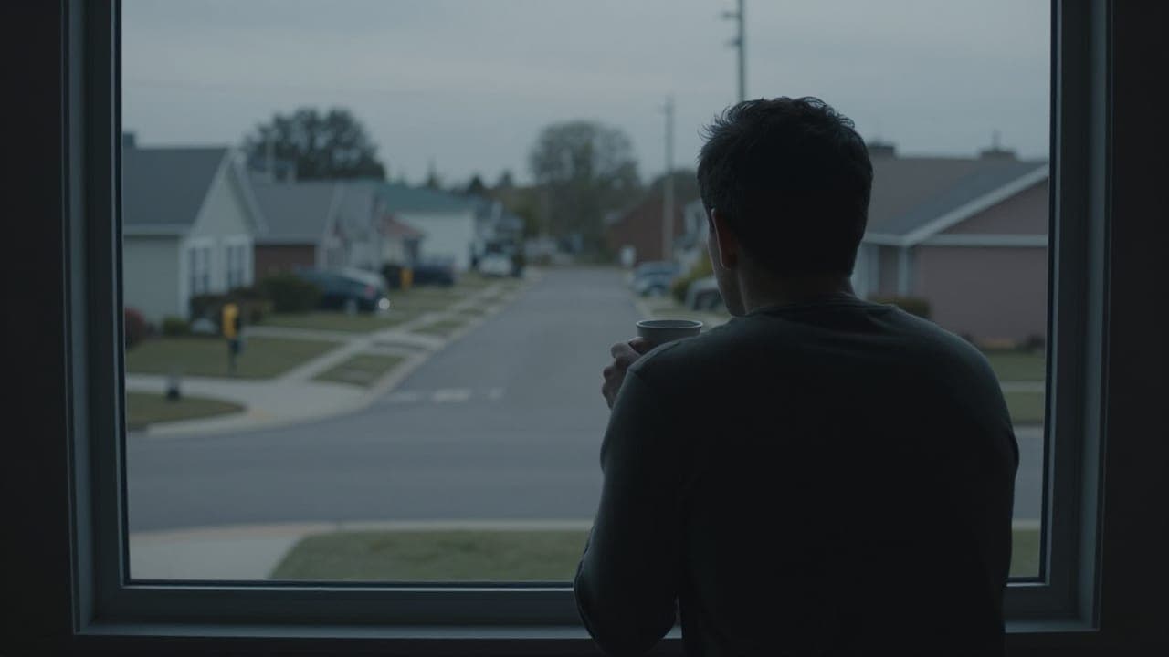 A parent stands at a front window at dusk holding a coffee mug, watching an empty driveway where a child would normally be dropped off.