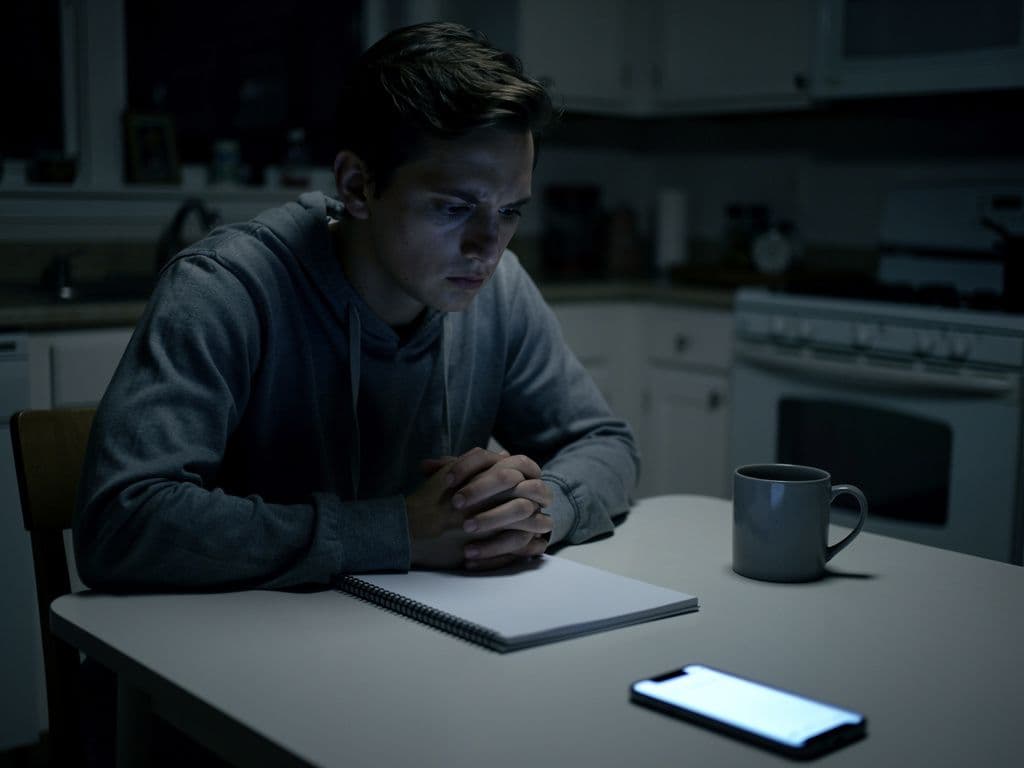 A single parent sits alone at a kitchen table at night, lit by a phone screen beside a coffee mug and a notebook.